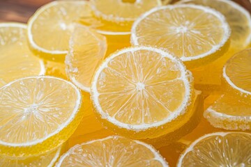 a collection of translucent, yellow, and crystalline jelly slices of citrus fruits, lemons or oranges