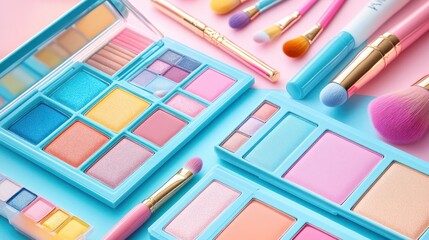 Vibrant flat lay makeup palettes and brushes on pastel blue and pink background. Colorful eyeshadows, lipsticks, blushes create bright playful composition, perfect for expressing creativity beauty.