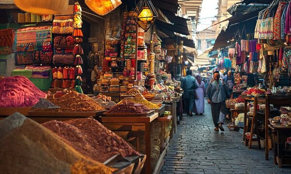 Vibrant Moroccan Spice Market, Sunlight Illuminating Colorful Spices and Goods