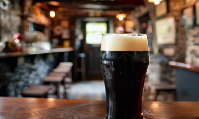 A pint of dark beer sits on a wooden bar in a cozy pub setting.