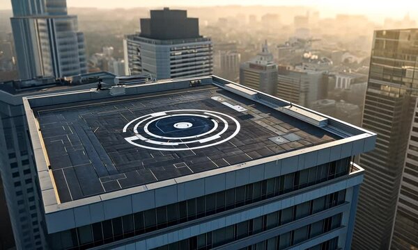 Rooftop Helipad on Modern City Highrise Building at Sunrise