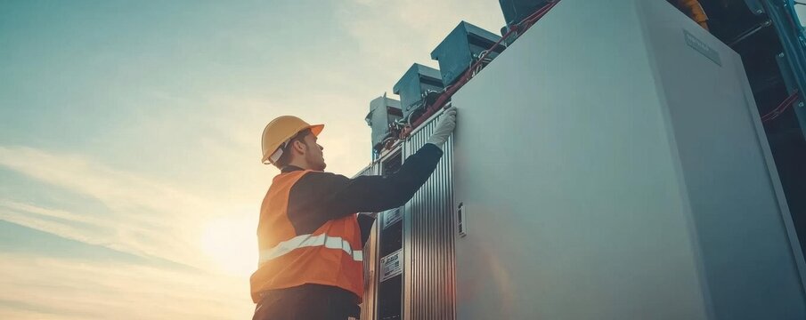 Smart Grid Energy Storage. A technician inspecting a largescale battery storage unit connected to a renewable energy powered smart grid