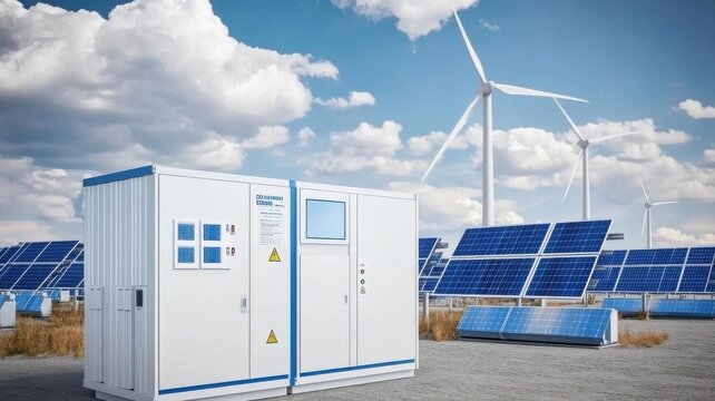 Smart Grid Energy Storage. A smart grid concept visual with wind turbines, solar panels, and energy storage systems interconnected - Powered by Adobe