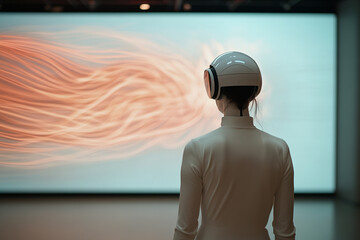 Art installation featuring a person in a futuristic headset