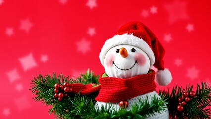 Cheerful Snowman Decorated for Christmas with Red Background and Festive Accents