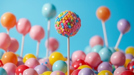 Colorful cake pops on sticks with a vibrant blue background