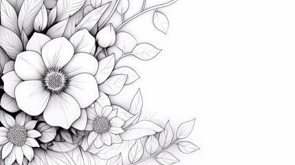Floral and Botanical Designs: Intricate line drawing of a rose with detailed petals and leaves, ready to be colored with vibrant hues.