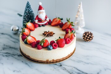 A photo of a Christmas-themed cheesecake with fresh fruit berries