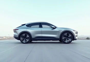 Sleek silver electric SUV, side profile view showcasing modern design and clean lines.