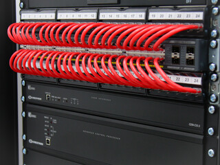 Connection of electronic modules in a multimedia telecommunication rack. Soft focus. 