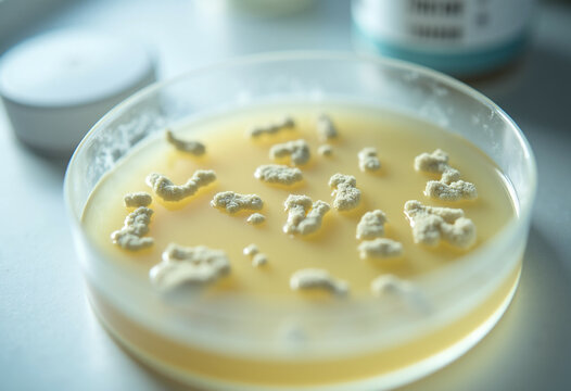 Petri dish with pale yellow agar showing fungal growth in various shapes and sizes.