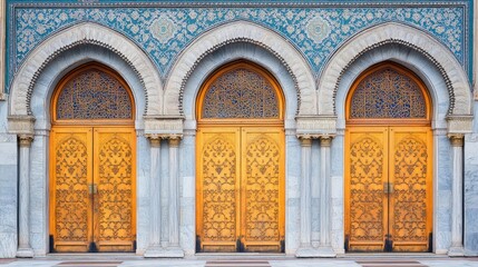 Obraz premium Three ornate wooden doors with intricate designs and blue tiled archways.