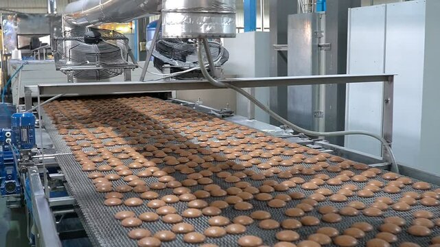 Industrial food factory or bakery, cookies on automated production line or conveyor belt, confectionery plant or bakehouse