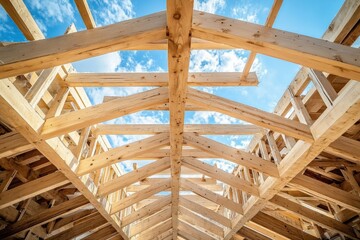 Wooden beams form a sturdy roof structure under a clear blue sky