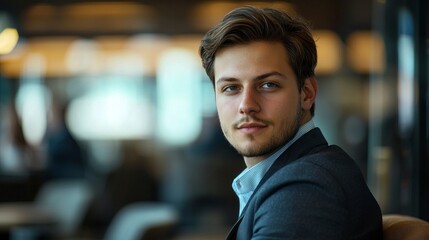 A young investment banker sits thoughtfully in a sleek office environment, exuding confidence and determination. The atmosphere is vibrant and professional, reflecting a bustling workday