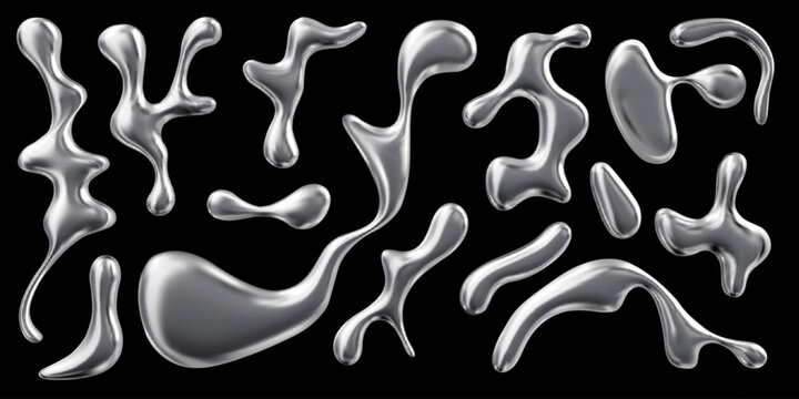 3d set of liquid drops with chrome effect.