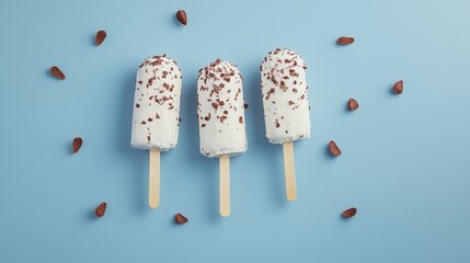 Three ice cream bars with chocolate sprinkles on a blue background.