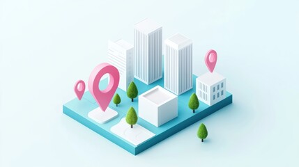 Isometric City Blocks with Pins: An interactive isometric city map with clickable location pins revealing information about each location, showcasing urban exploration and interactive navigation.