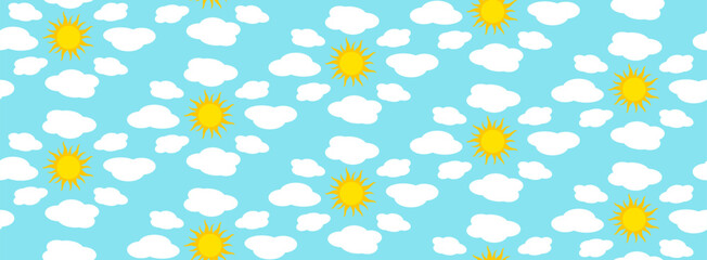 Obraz premium Seamless repeating pattern of sun and cloud motifs. Cartoon-like shapes with rounded edges for a playful aesthetic. For children's designs, curtains, bedding, clothing, wallpaper, room decoration.