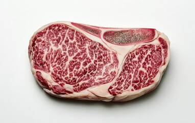 Obraz premium A top view of a ribeye steak, isolated on a white background, showcasing the rich texture and marbling of the meat in high detail 