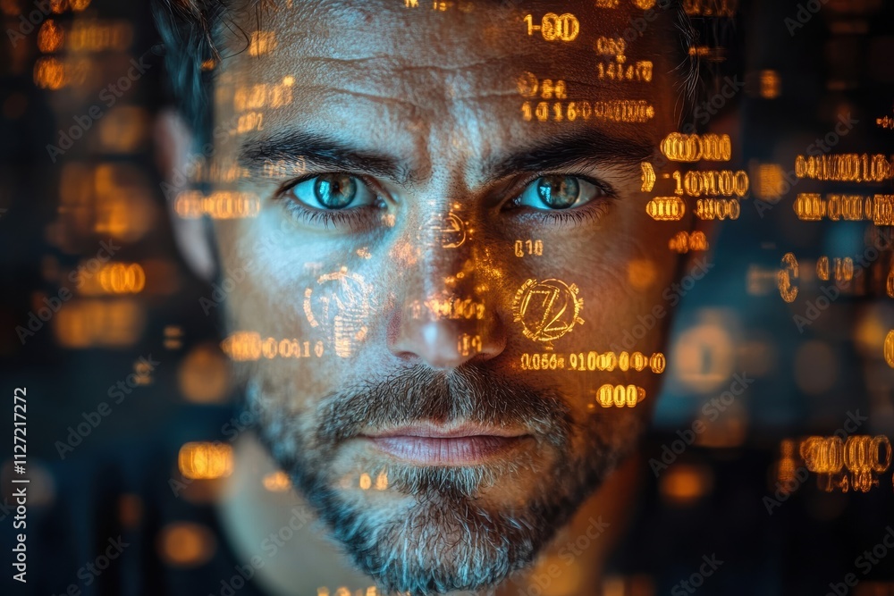 Poster financial storytelling concept featuring a man in focus and bitcoin symbols glowing in motion.