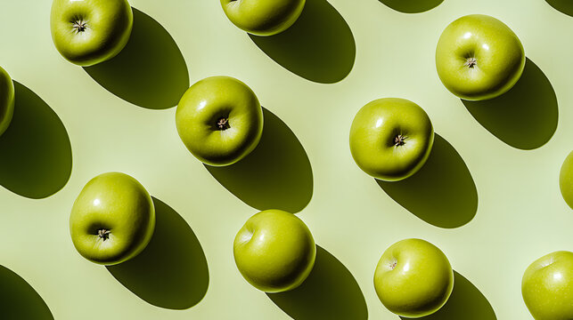 Pommes vertes align&eacute;es sur fond vert avec ombre