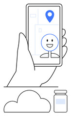 Hand holding a smartphone showing GPS location pin with a smiling avatar. Nearby cloud and medicine bottle below. Ideal for themes thumbs up technology, navigation, telehealth, communication