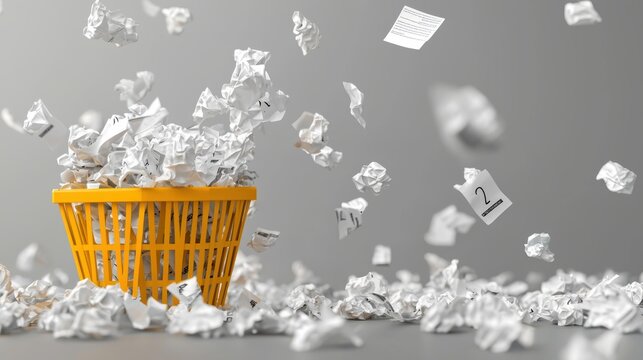 Shopping Receipt: A shopping receipt crumpled up and thrown in a trash can, symbolizing unnecessary spending, impulsive buying, or buyer remorse.