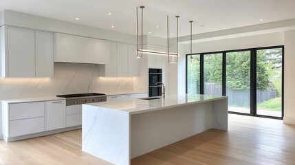 Fototapeta premium Luxury Minimalist Kitchen with Handleless Cabinets and Waterfall Island