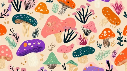 Naklejka premium A cute mushroom pattern on a pastel pink background with bright colors