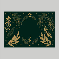 Golden Christmas and New Year typography on a dark green, Christmas background with floral elements. A Christmas greeting card.
