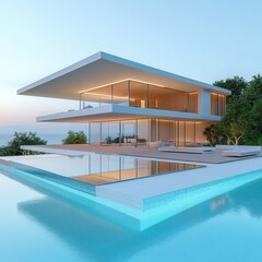 Fototapeta premium Modern Villa with Tropical Surroundings and Glass-Bottom Pool