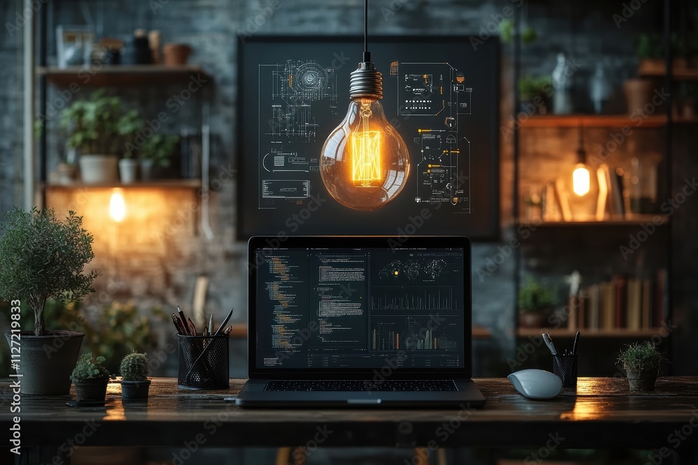 Aufkleber floating bulb above a laptop, captured with sleek and modern aesthetics for technology branding.