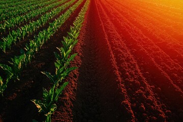 Contrast between vibrant crops and desolate soil conveying themes of agricultural survival adaptation and the urgent need for environmental action