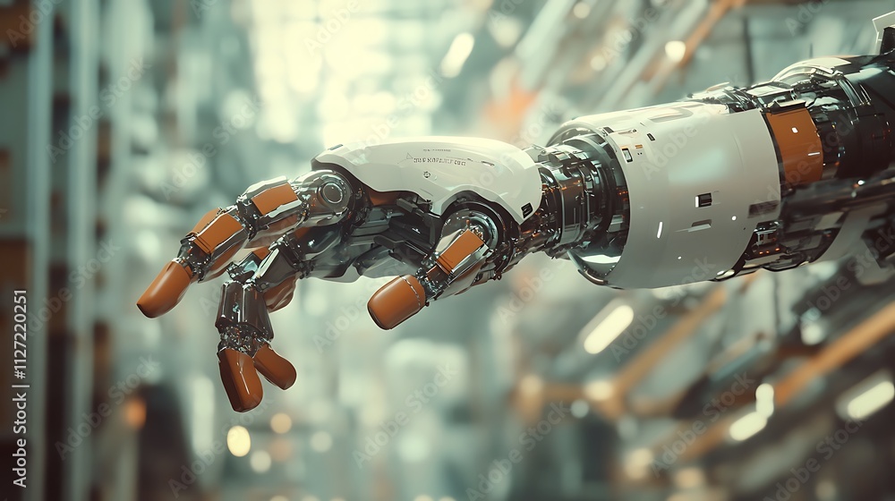 Poster futuristic robotic hand reaching out in a technological setting