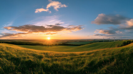 Panoramic sunset over rolling green hills and wind turbines.