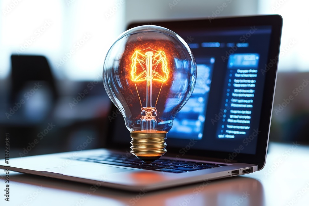Poster floating light bulb on a sleek laptop, symbolizing technology innovation and startup ideas, isolated