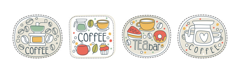 Takeaway Tea and Coffee Hand Drawn Label Vector Set