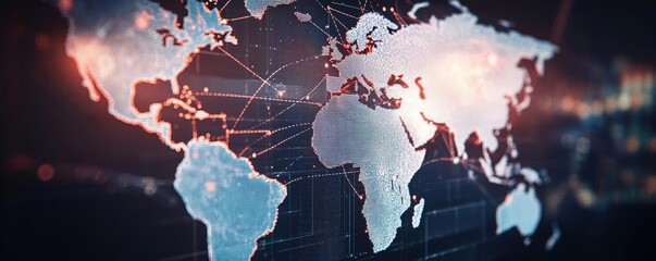 Supply Chain Digital Transformation. A global map on a screen displaying a digitized supply chain network connecting multiple locations