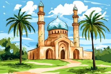 Naklejka premium mosque, illustration, architecture, religion, design, minaret, landmark, building, travel, heritage, india, spirituality, dome, sky, vector, asia, culture, historical building, crescent moon, artwork,