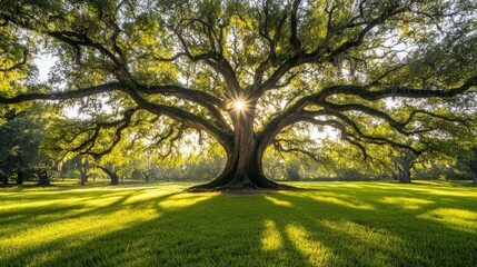 A majestic tree with sprawling branches and sunlight filtering through, casting shadows on the grass.