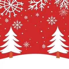 Fototapeta premium Festive winter forest with snow-covered trees and a red sky filled with snowflakes representing holiday cheer and Christmas-themed designs