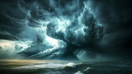 Fototapeta premium A dramatic stormy ocean scene with turbulent clouds and waves.