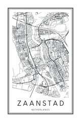 Obraz premium Printable downtown road map poster of the Dutch city of ZAANSTAD on solid white background with city name