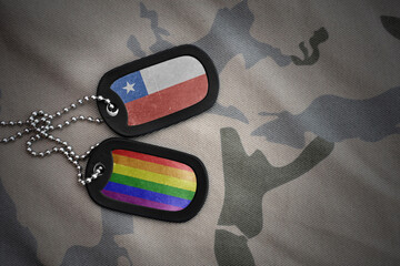 army blank, dog tag with rainbow gay pride flag and chile on the khaki texture background. military...