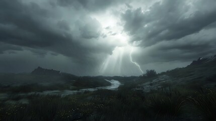 A dramatic landscape under dark, stormy clouds with lightning illuminating the scene.