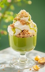 Fresh green dessert with whipped cream and nuts in a clear glass cup