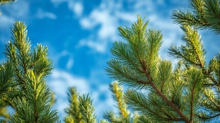 Close-up of pine branches against a blue sky with clouds.
