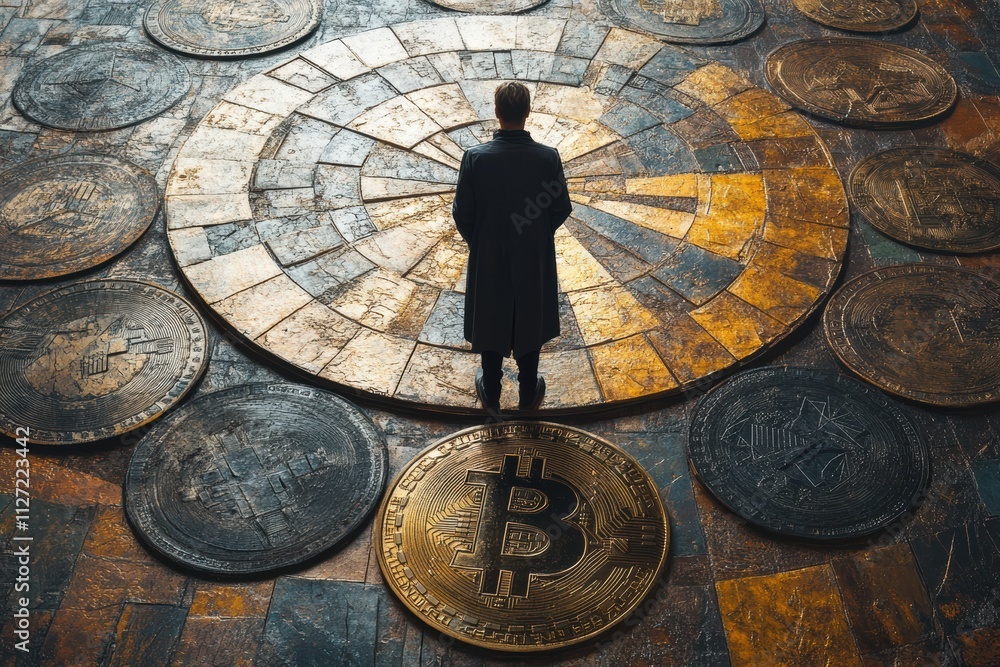 Poster Futuristic Bitcoin design with a man at the center, surrounded by symbolic currency tokens.