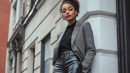 Woman in Black Leather Pants and Gray Blazer Leans Against Building
